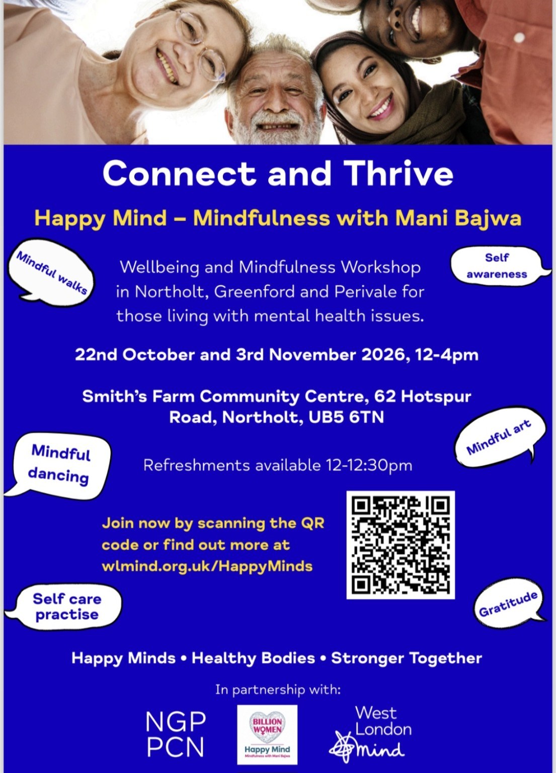 Collaborative Happy Minds workshop poster with event information, eligibility area, dates, location and partner organisations